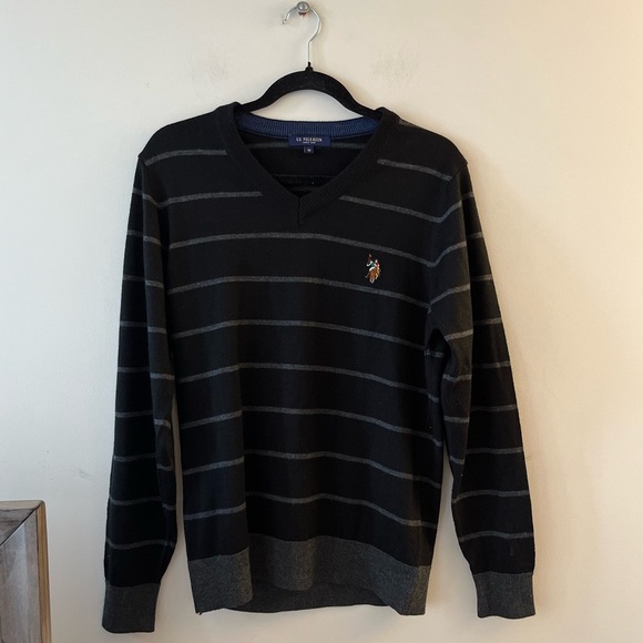 U.S Polo Assn Merino Wool-Blend Striped V-neck Sweater - Picture 1 of 7